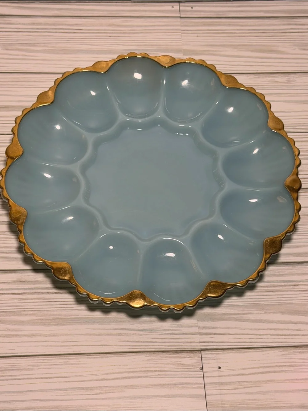 Vintage Anchor Hocking Fire-King Delphite Blue Deviled Egg Plate Gold Trim MCM